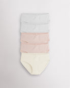 Five-pack pastel girls briefs in white, whisper pink, and soft butter with bow accents and elasticized openings.