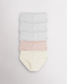 White and pastel girls briefs set with soft cotton fabric, front bow accents, lined gusset, and everyday comfort design.