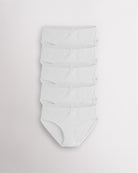 Five-pack white girls briefs with bow accents, elastic waist and leg openings, and soft cotton fabric for everyday girl underwear.