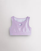 Lavender girls shimmer heart crop top with sleeveless tank design, round neckline, and iridescent finish.