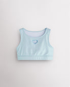 Light Blue girls shimmer heart crop top with sleeveless tank design, round neckline, and iridescent finish.