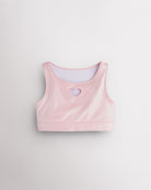 Pink girls shimmer heart crop top with sleeveless tank design, round neckline, and iridescent finish.