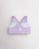 Back view of lavender metallic dance top with criss-cross racerback straps and a supportive band.