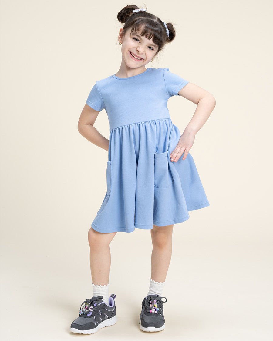 Cornflower Blue Girls Short Sleeve A-Line Twirl Dress