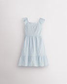 Girls light blue flutter sleeve sundress with square neckline, smocked waist, and tiered hem, lightweight summer dress front view