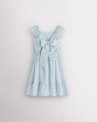 Girls light blue flutter sleeve sundress with adjustable bow back, smocked waist, and tiered skirt, back view showing bow detail