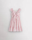 Girls light pink flutter sleeve sundress with adjustable bow back, smocked waist, and tiered skirt, back view showing bow detail