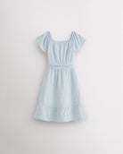 Light blue girls smocked summer dress with short sleeves, square neck, fit-and-flare shape, and ruffle hem.