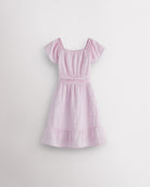 Lilac girls smocked summer dress with short sleeves, square neck, fit-and-flare shape, and ruffle hem.