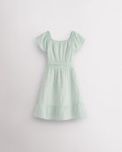 Pastel Green girls smocked summer dress with short sleeves, square neck, fit-and-flare shape, and ruffle hem.