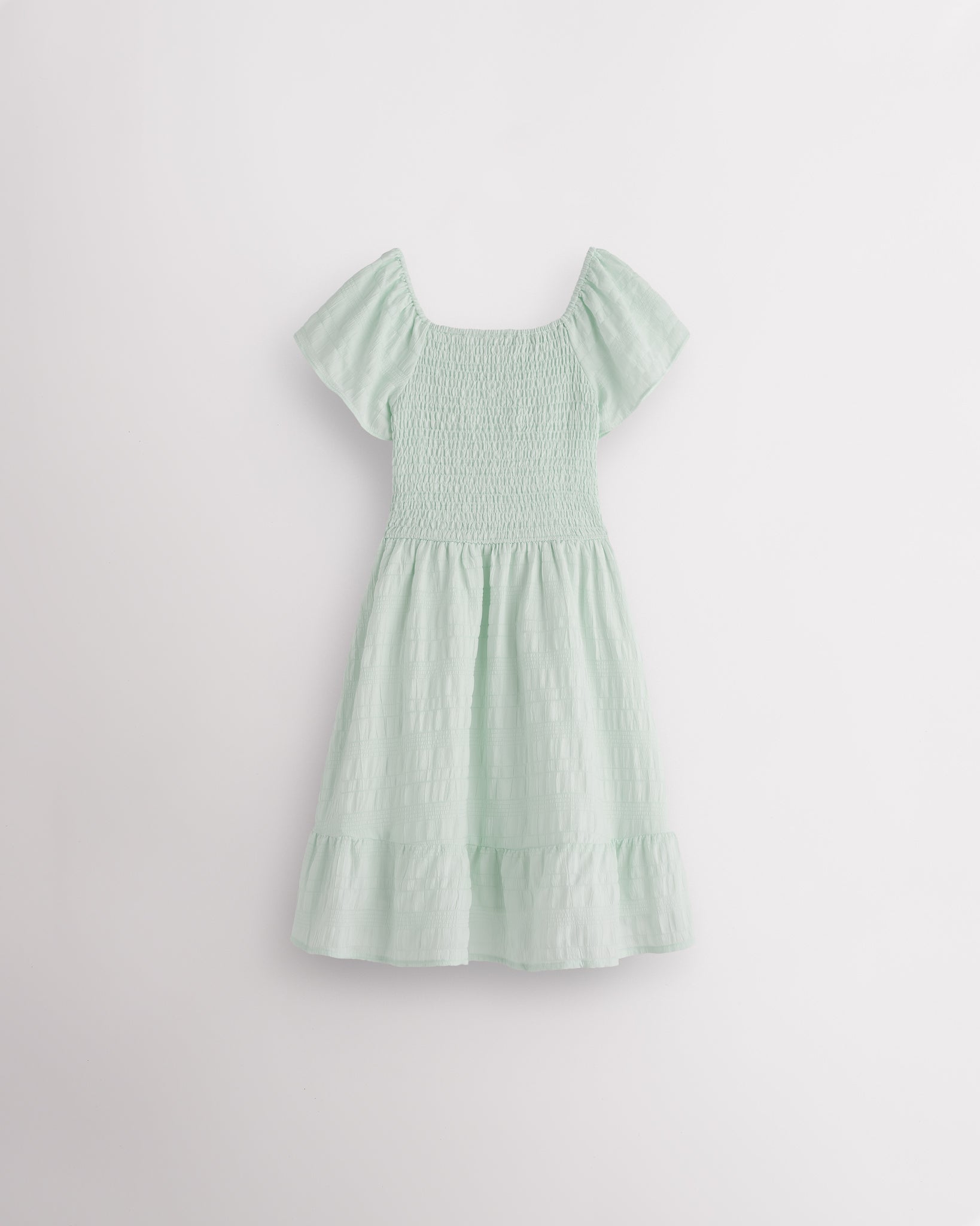 Back view of Pastel Green girls summer dress showing smocked back, short sleeves, and soft gathered skirt.