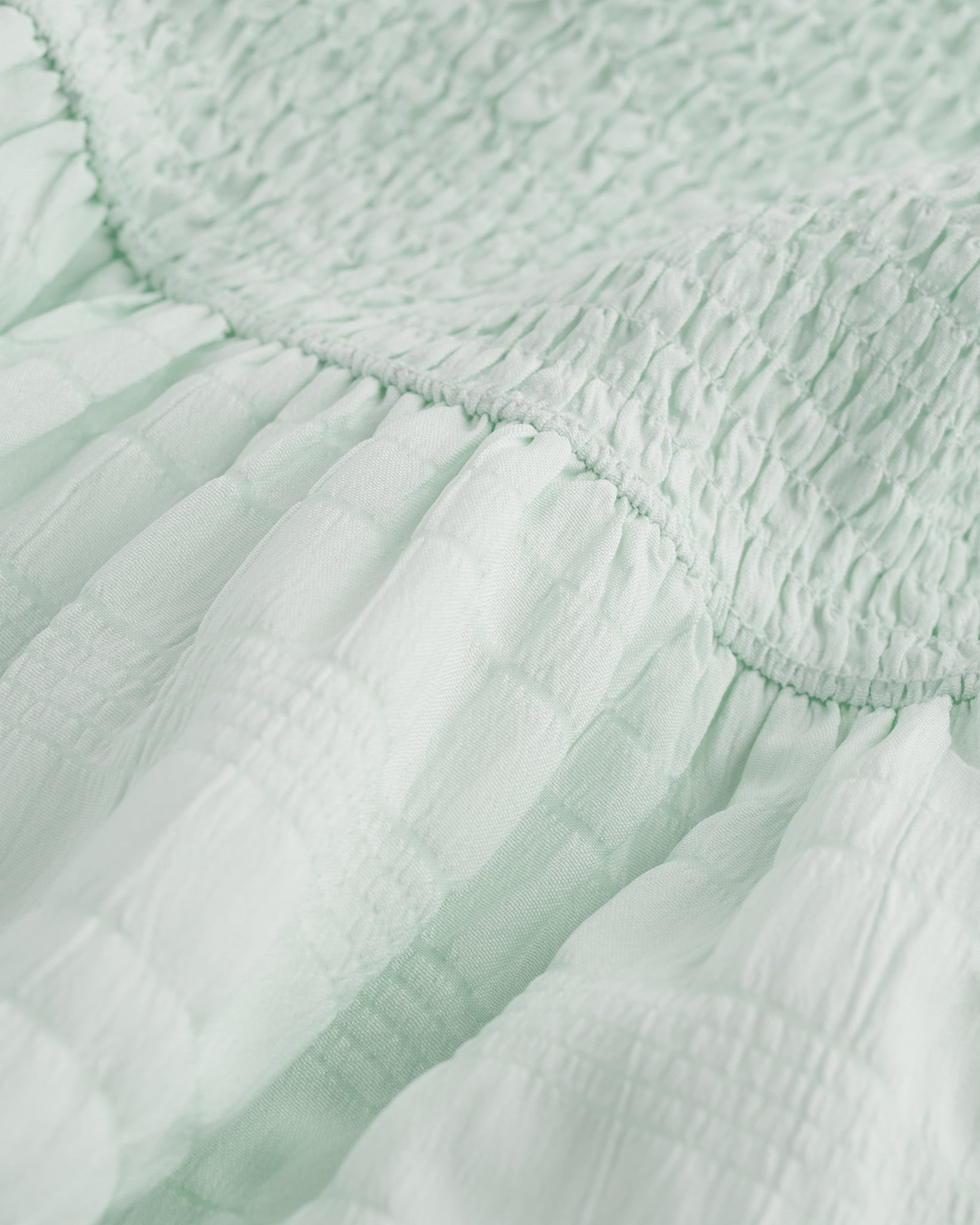 Close-up of Pastel Green smocked fabric and gathered waist detail on Stelle girls dress.