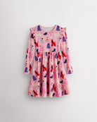 Puppy Parade on Pink girls long sleeve dress laid flat with ruffle shoulder details, gathered waist, A-line silhouette, and playful puppy print.