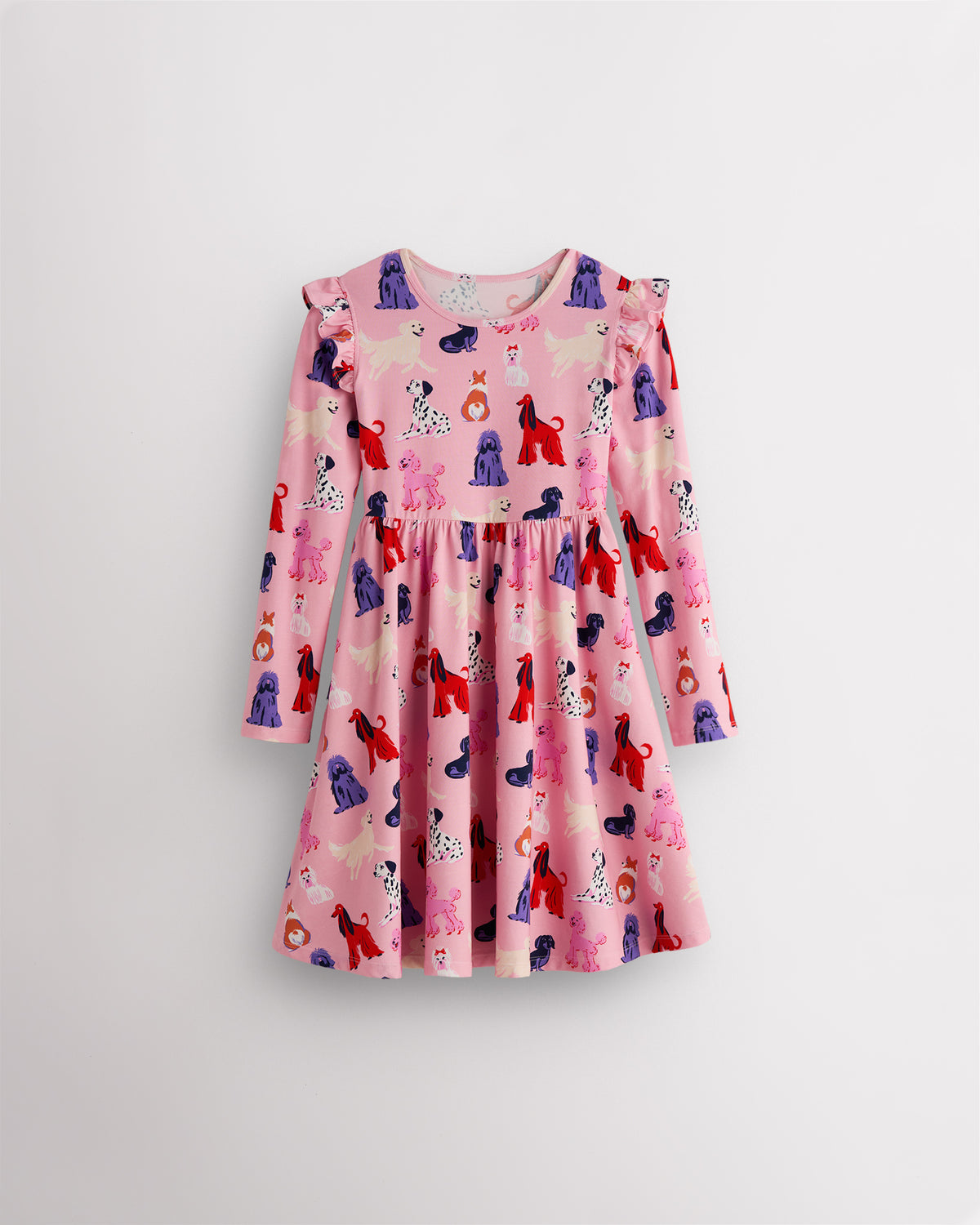 Puppy Parade on Pink girls long sleeve dress laid flat with ruffle shoulder details, gathered waist, A-line silhouette, and playful puppy print.
