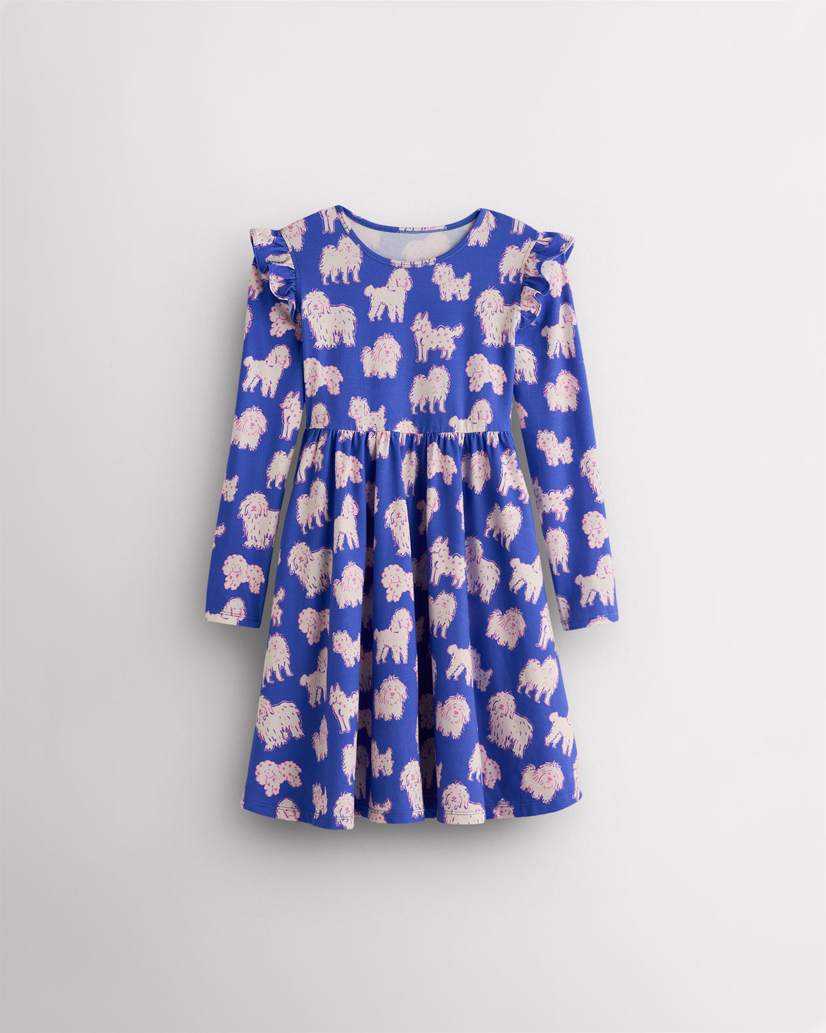 Charlie Pals on Blue girls long sleeve dress with ruffle shoulder details, gathered waist, A-line silhouette, and playful animal print.