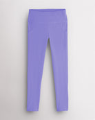 Periwinkle girls athletic leggings with side pockets, a wide supportive waistband, and soft stretch fabric for active and casual wear.