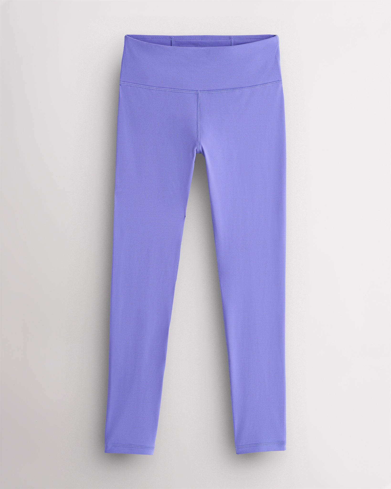 Periwinkle girls soft yoga leggings with high-rise waistband, stretchy nylon-spandex fabric for comfortable everyday wear