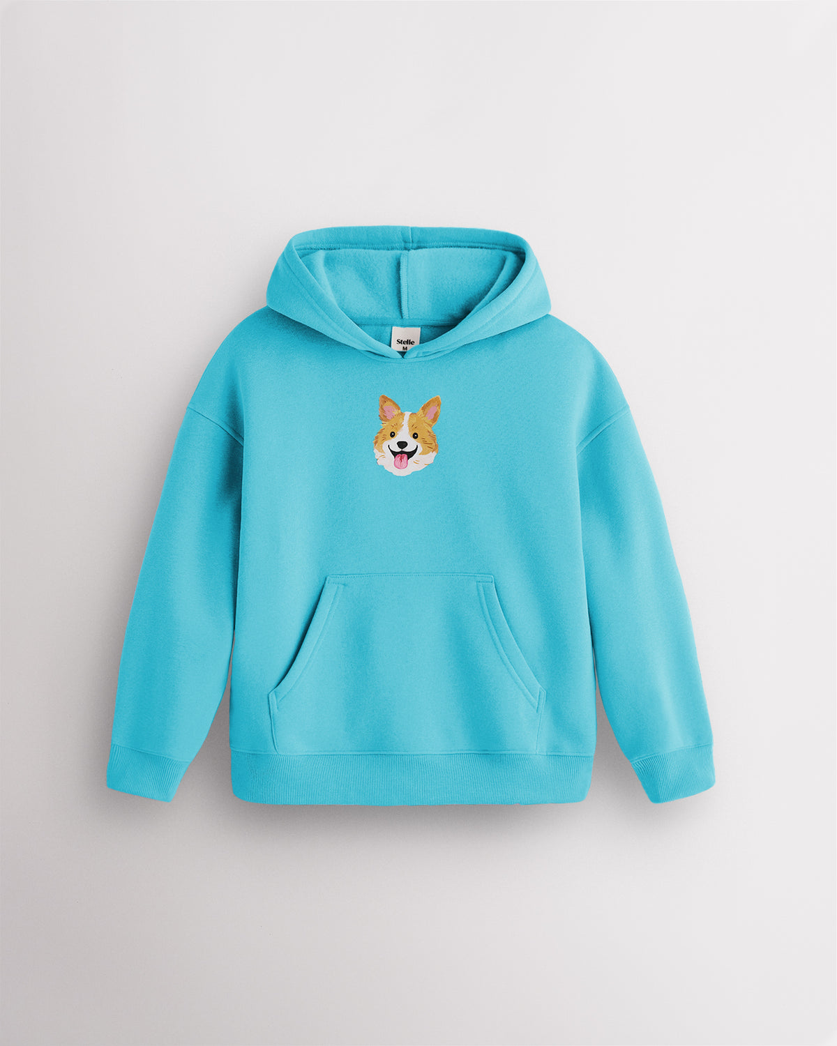 Aqua blue kids dog print hoodie laid flat with hood, front kangaroo pocket, ribbed cuffs and hem, and corgi graphic.