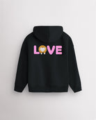 Back view of black kids puppy hoodie laid flat with relaxed fit and large LOVE corgi graphic.