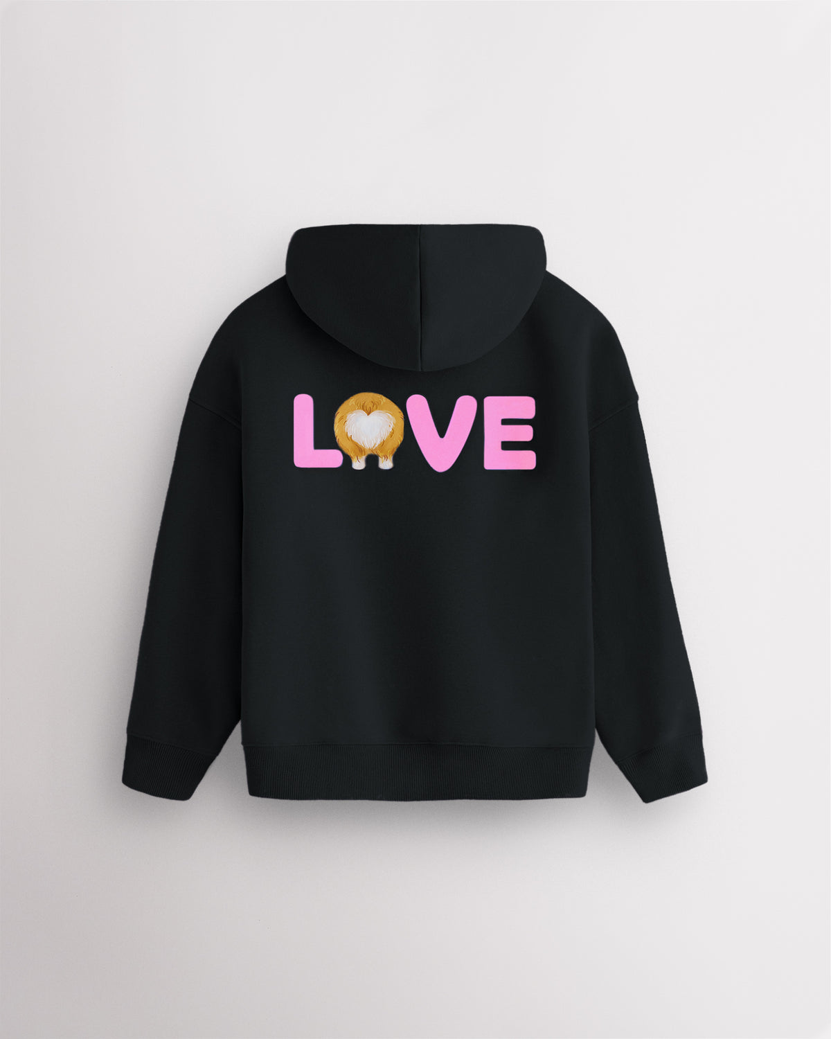 Back view of black kids puppy hoodie laid flat with relaxed fit and large LOVE corgi graphic.