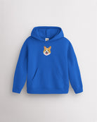 Blue kids dog print hoodie laid flat with hood, front kangaroo pocket, ribbed cuffs and hem, and corgi graphic.