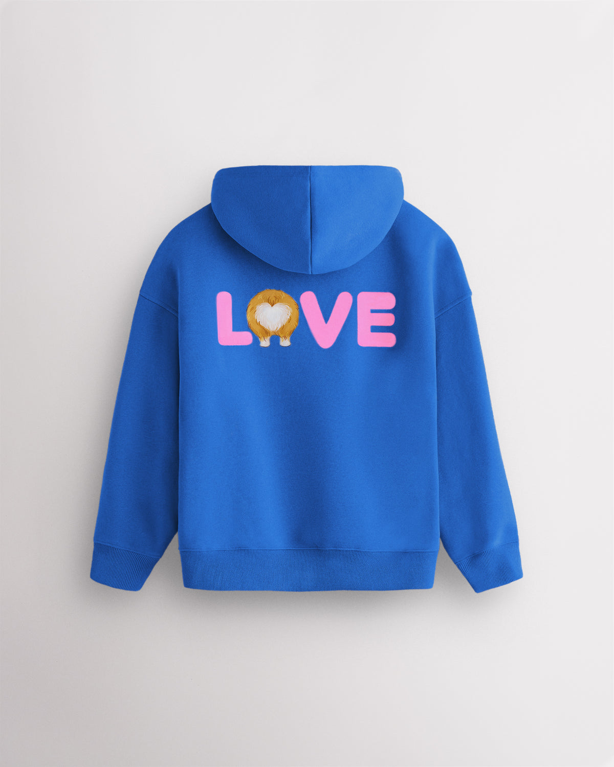 Back view of blue kids puppy hoodie laid flat with relaxed fit and large LOVE corgi graphic.
