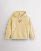 Butter kids dog print hoodie laid flat with hood, front kangaroo pocket, ribbed cuffs and hem, and corgi graphic.