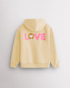 Back view of butter kids puppy hoodie laid flat with relaxed fit and large LOVE corgi graphic.