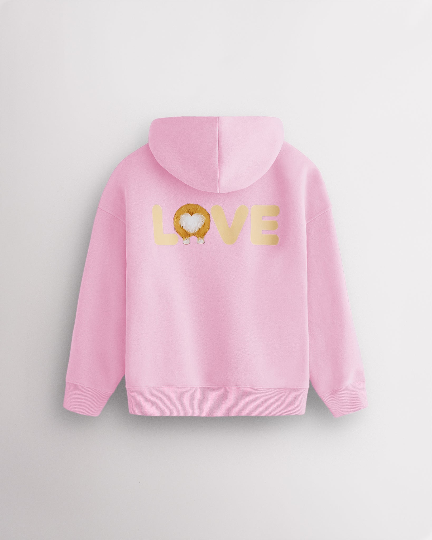 Back view of glow pink kids puppy hoodie laid flat with relaxed fit and large LOVE corgi graphic.