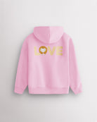 Back view of glow pink kids puppy hoodie laid flat with relaxed fit and large LOVE corgi graphic.