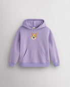 Lavender kids dog print hoodie laid flat with hood, front kangaroo pocket, ribbed cuffs and hem, and corgi graphic.