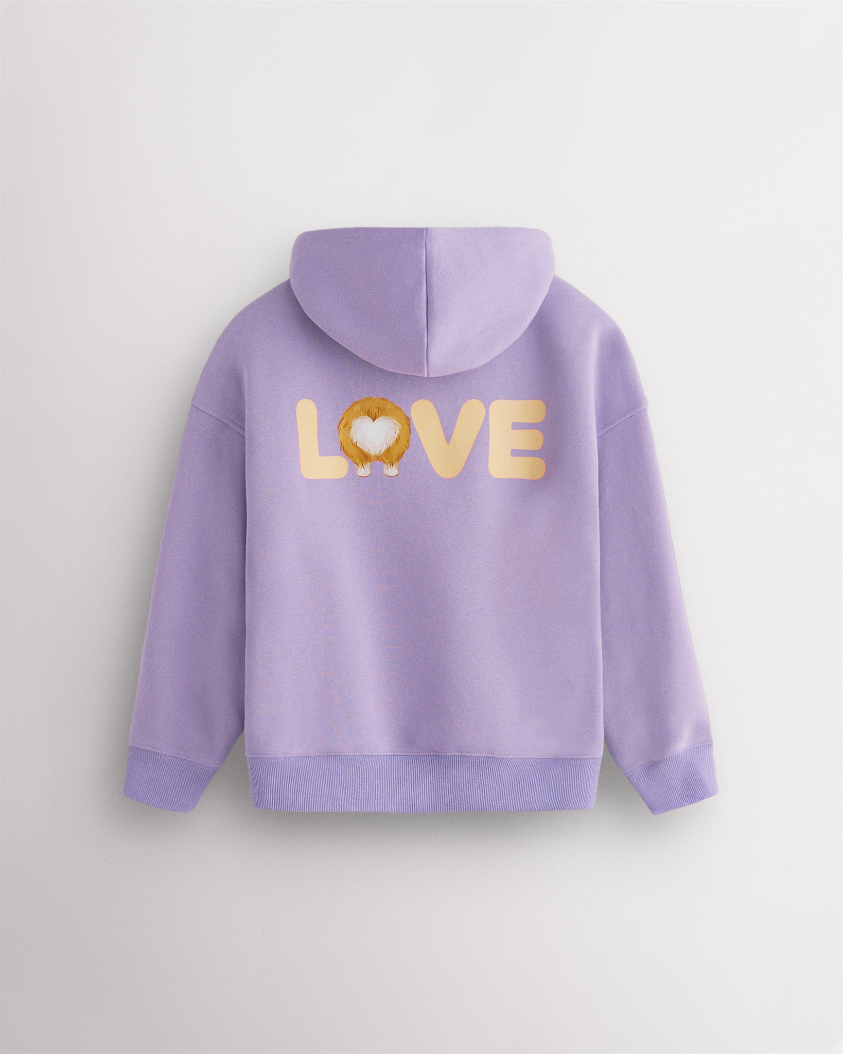 Back view of lavender kids puppy hoodie laid flat with relaxed fit and large LOVE corgi graphic.