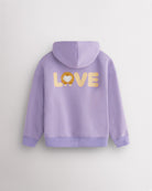 Back view of lavender kids puppy hoodie laid flat with relaxed fit and large LOVE corgi graphic.
