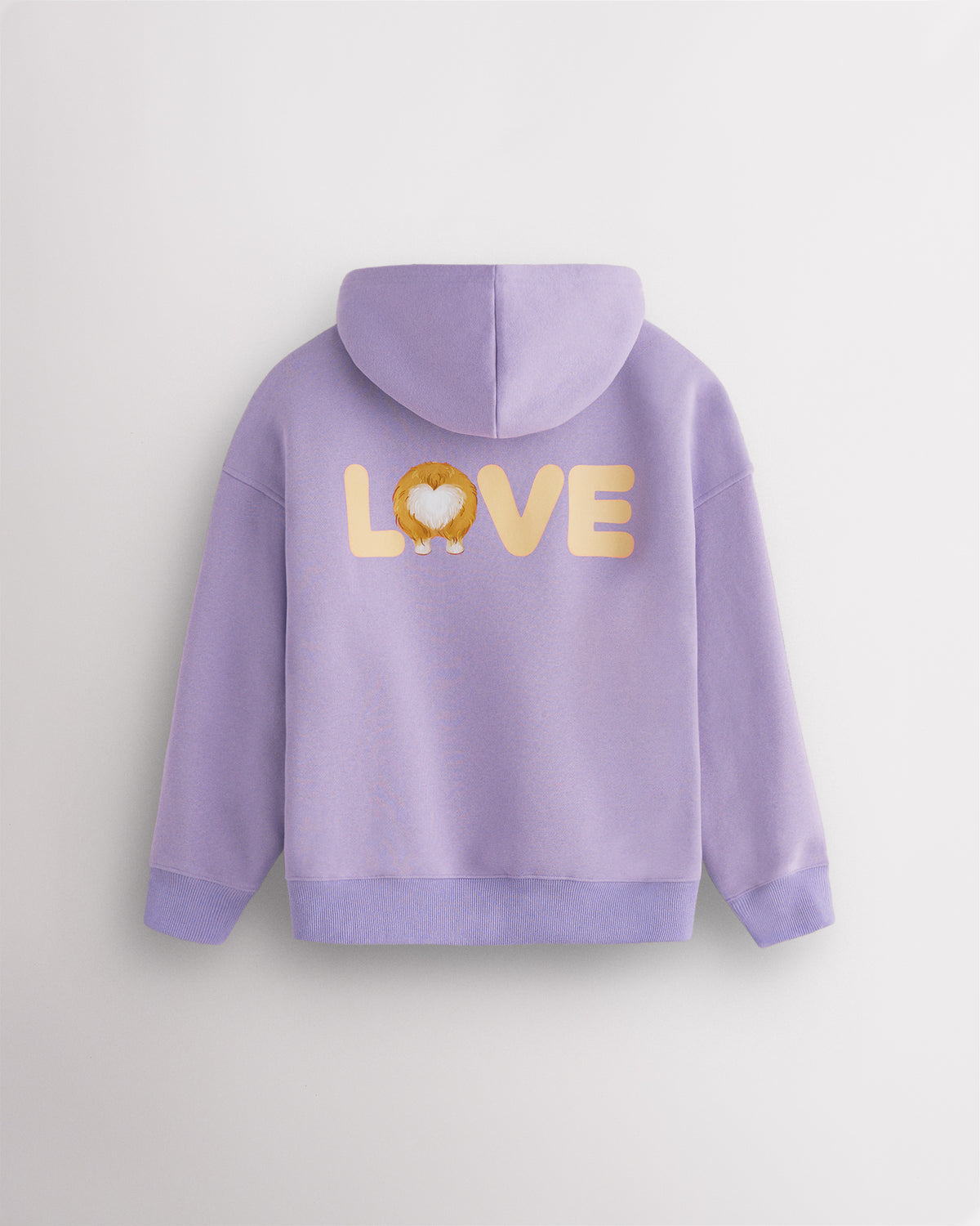 Back view of lavender kids puppy hoodie laid flat with relaxed fit and large LOVE corgi graphic.