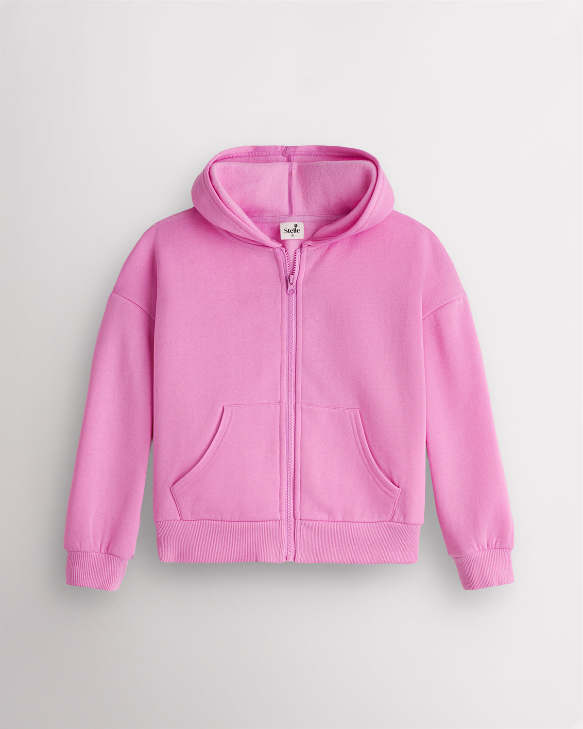Orchid pink Stelle kids fleece zip-up hoodie with front pockets and a hood, laid flat on a grey background.