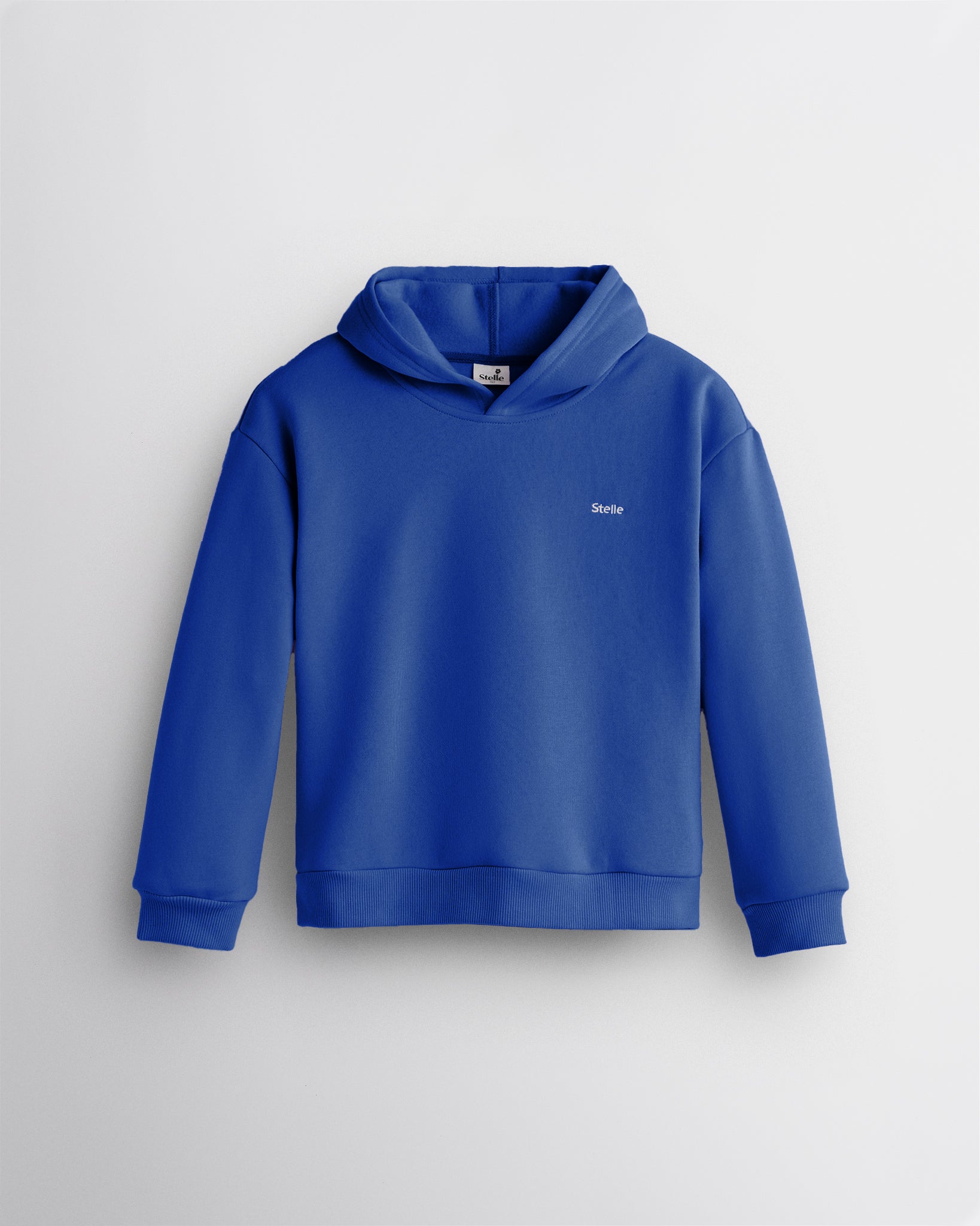 Cobalt blue Stelle kids fleece pullover hoodie with a hood, ribbed cuffs and hem.