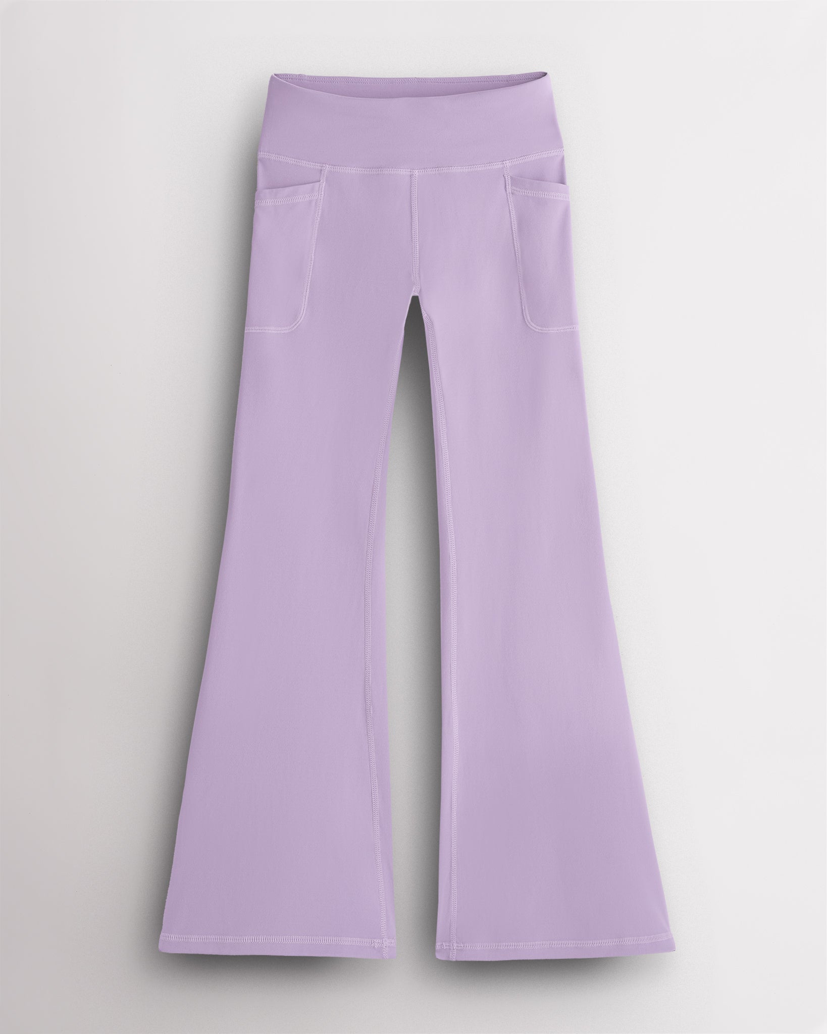 Light purple girls flare leggings with high-waisted fit and deep side pockets, comfortable workout leggings for girls