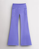 Periwinkle girls flare leggings with high-waisted fit and deep side pockets, comfortable workout leggings for girls