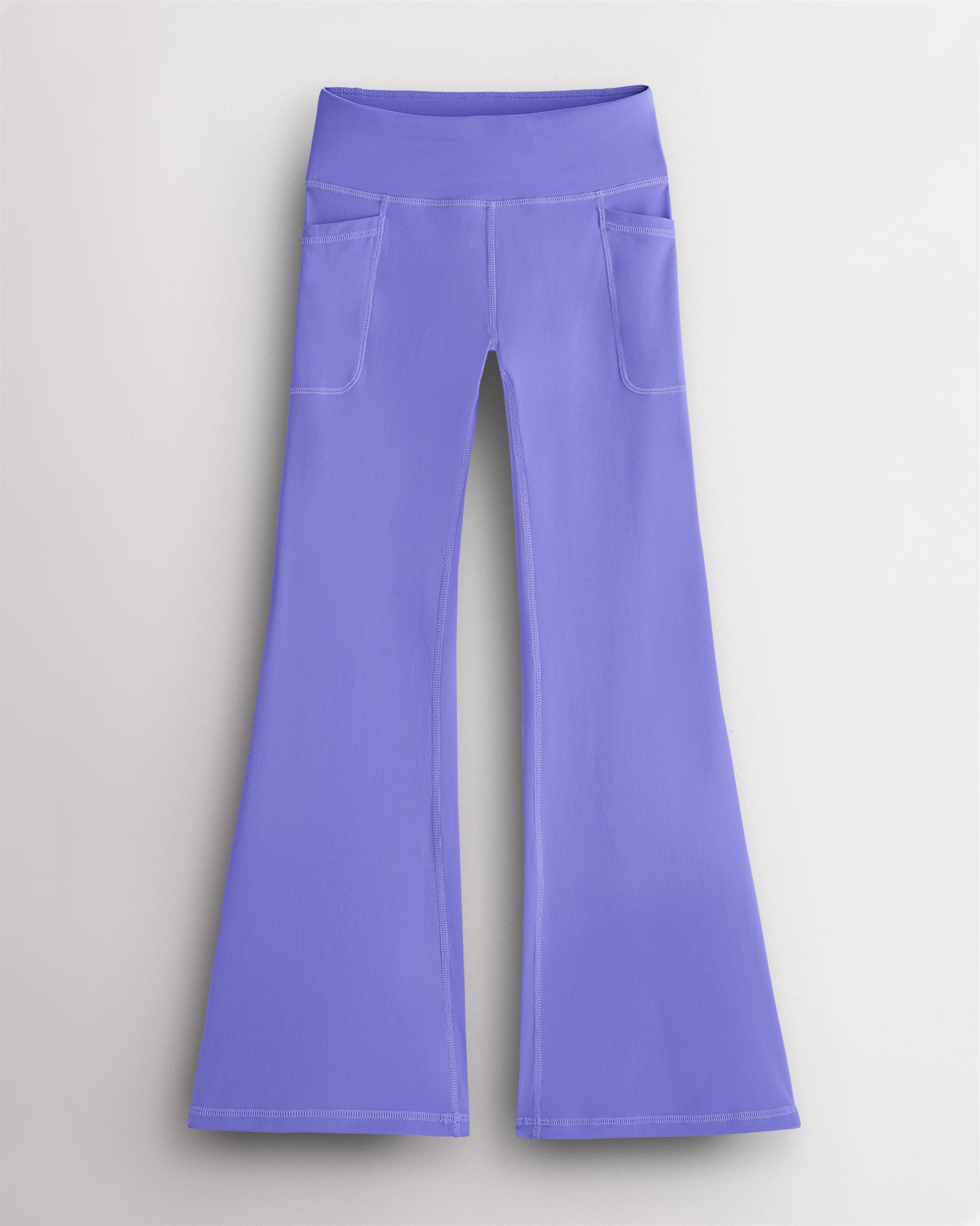 Periwinkle girls flare leggings with high-waisted fit and deep side pockets, comfortable workout leggings for girls