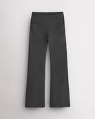 Charcoal girls leggings with a high waisted waistband, side pockets, and lightly flared bootcut legs, designed as active and casual flare leggings.