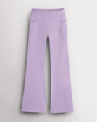Light purple kids flare leggings with high-rise waistband and side pockets, soft stretch girls workout leggings