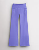 Periwinkle kids flare leggings with high-rise waistband and side pockets, soft stretch girls workout leggings