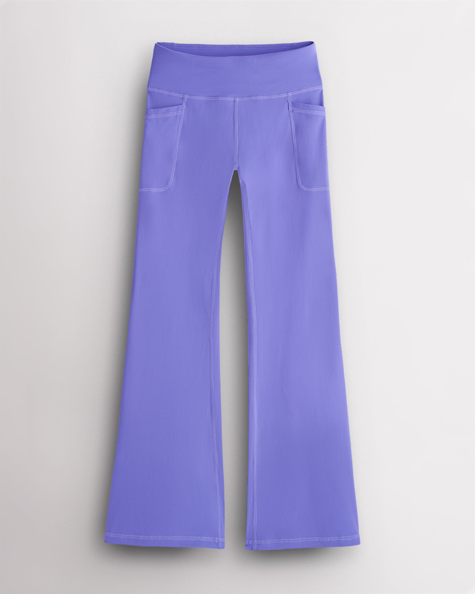 Periwinkle kids flare leggings with high-rise waistband and side pockets, soft stretch girls workout leggings