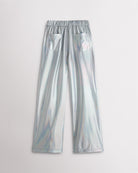 Girls holographic silver metallic cargo pants with a relaxed fit, elastic waistband, flap pockets, and straight wide-leg silhouette.