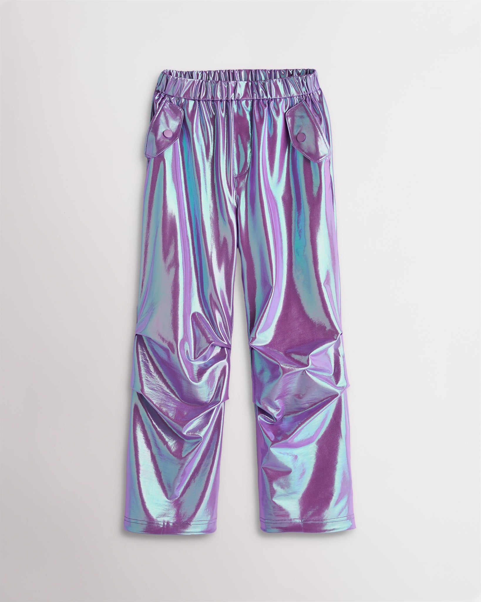 Girls iridescent purple metallic cargo pants with a relaxed fit, elastic waistband, flap pockets, and straight wide-leg silhouette.