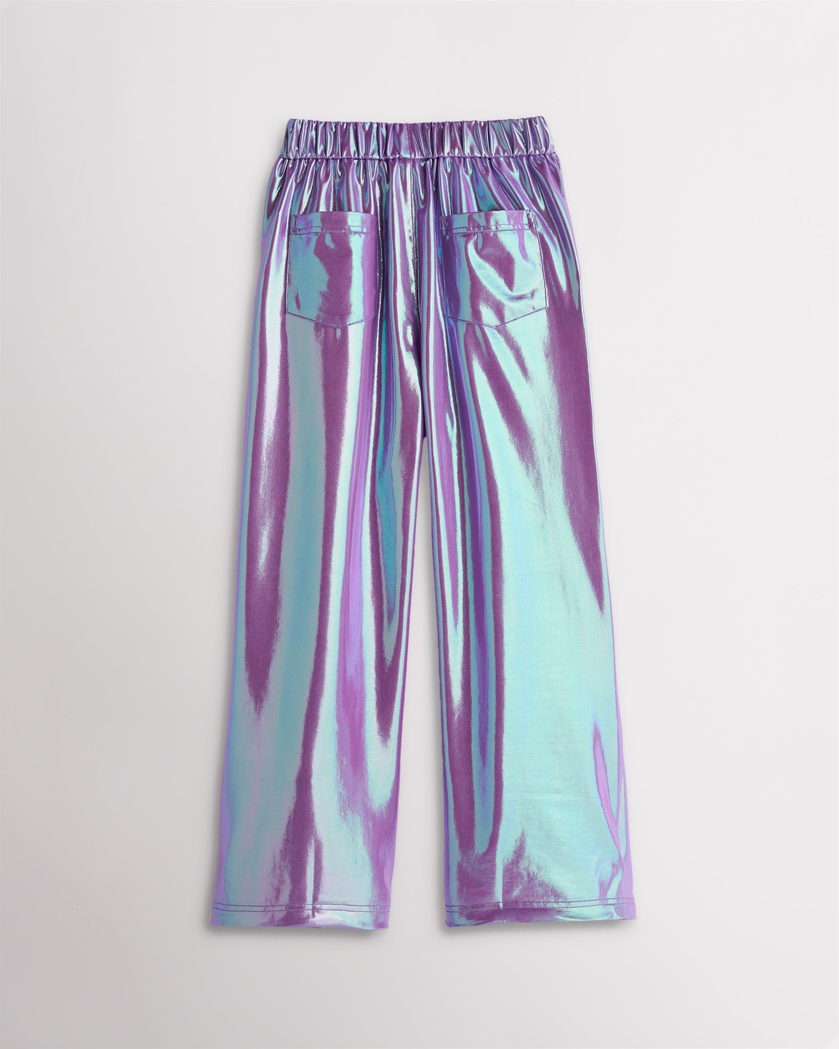 Girls iridescent purple metallic cargo pants with a relaxed fit, elastic waistband, flap pockets, and straight wide-leg silhouette.