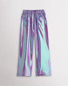 Girls iridescent purple metallic cargo pants with a relaxed fit, elastic waistband, flap pockets, and straight wide-leg silhouette.