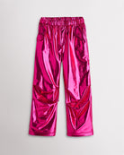 Girls metal fuchsia metallic cargo pants with a relaxed fit, elastic waistband, flap pockets, and straight wide-leg silhouette.