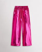 Girls metal fuchsia metallic cargo pants with a relaxed fit, elastic waistband, flap pockets, and straight wide-leg silhouette.