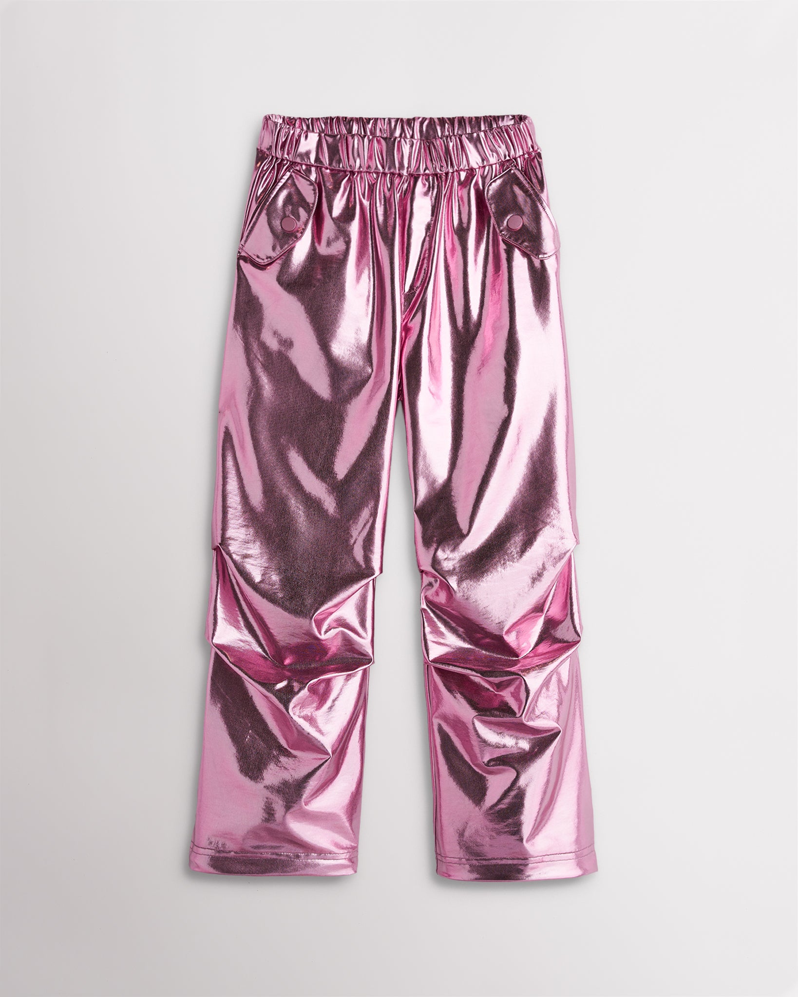 Girls metal pink metallic cargo pants with a relaxed fit, elastic waistband, flap pockets, and straight wide-leg silhouette.
